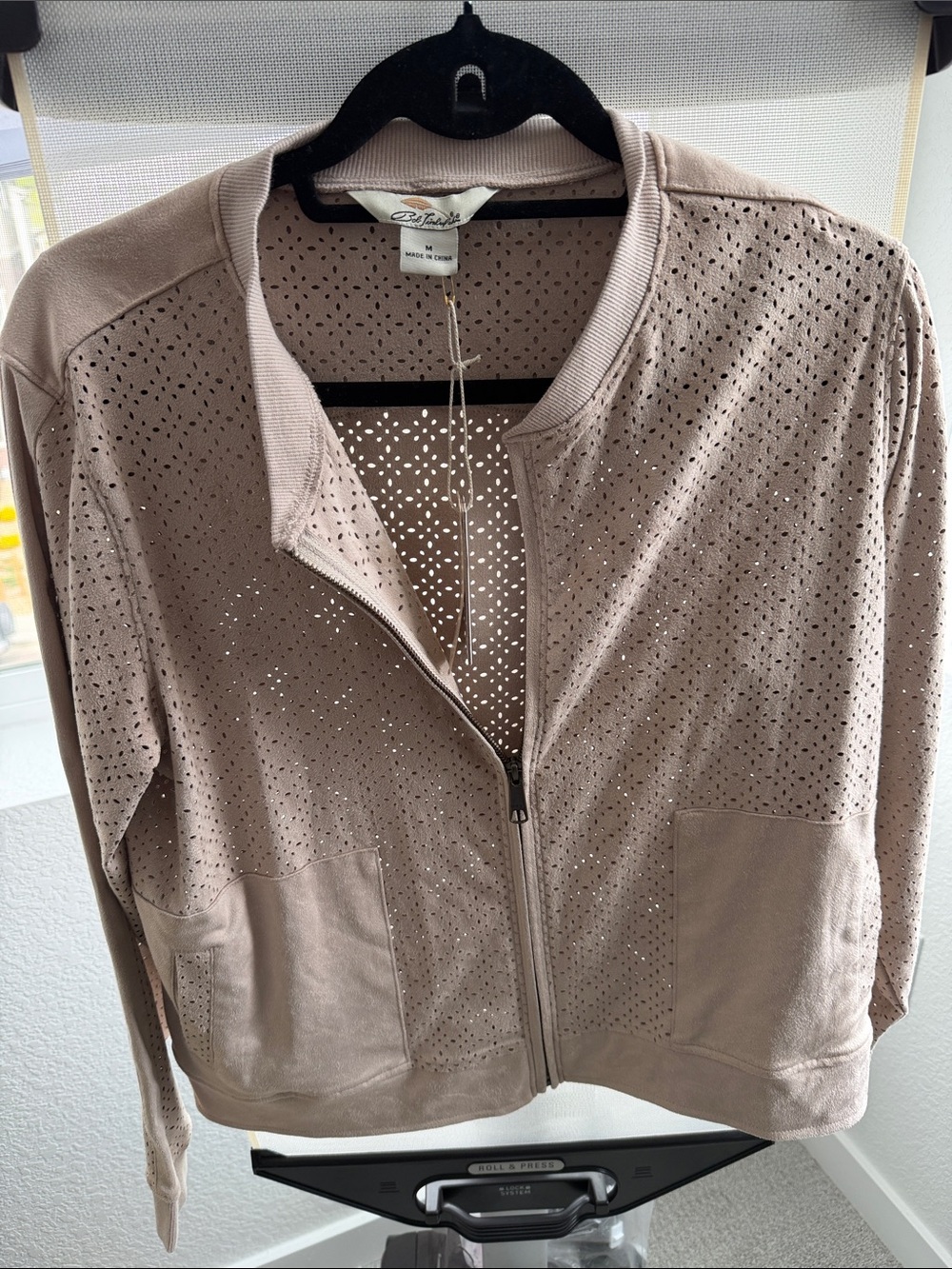 Perforated Taupe Bomber Jacket - Lightweight Layering